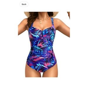 Tempt Me Blue leaf‎ print one piece swim suit size Medium ruching NWT